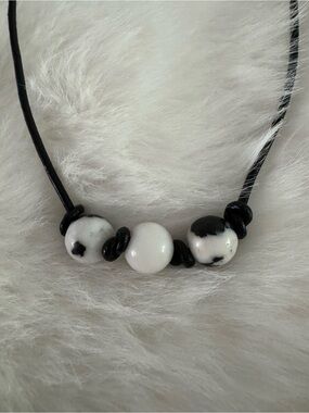 Black and White Beaded Leather Necklace-Adjustable